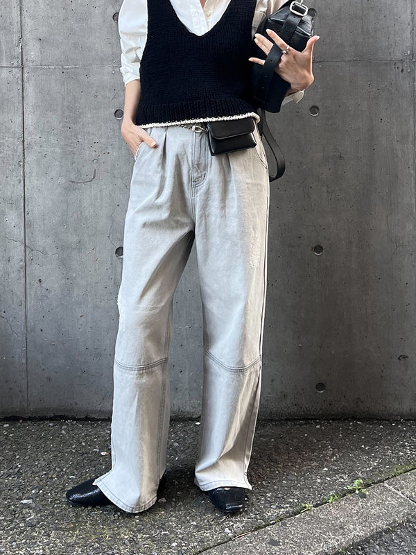HIGH RISE TUCK WIDE PANTS / L-GRAY /Y252-31067-2